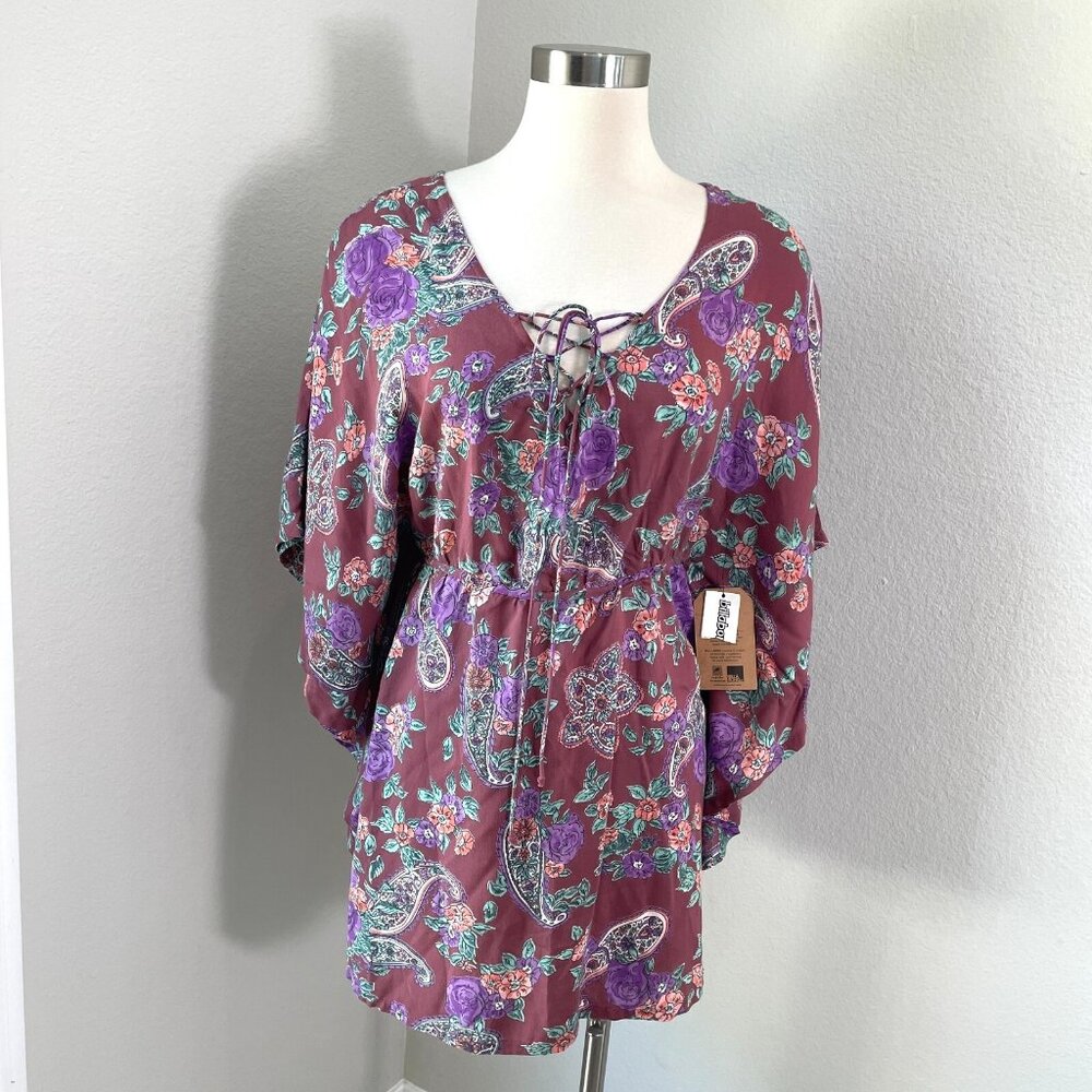 NEW Billabong Womens Small Floral Batwing Mini Dress Lace Up Front